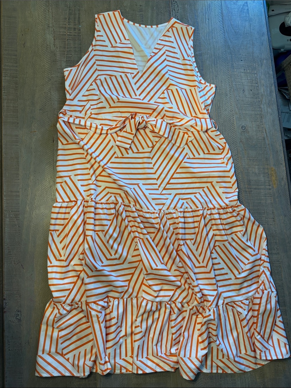 SHEIN White and Orange Striped Maxi Dress with Waist Tie